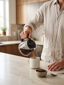 Person preparing fresh morning coffee in a modern home kitchen, pouring hot brewed coffee into a ceramic cup in a warm, natural setting.