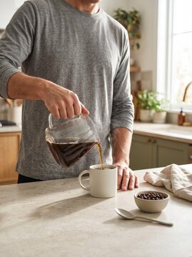 Person preparing fresh morning coffee in a modern home kitchen, pouring hot brewed coffee into a ceramic cup in a warm, natural setting.
