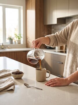 Person preparing fresh morning coffee in a modern home kitchen, pouring hot brewed coffee into a ceramic cup in a warm, natural setting.