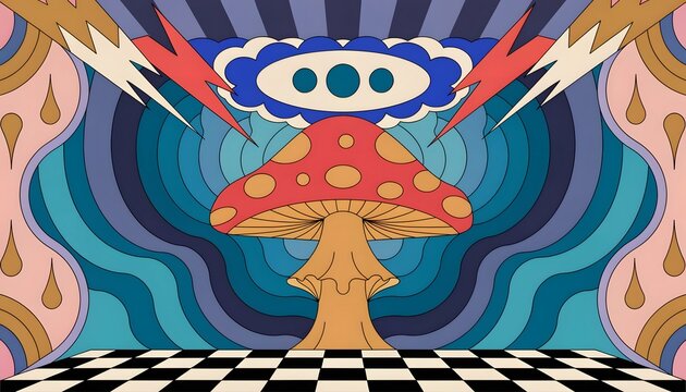 Psychedelic abstract art and retro aesthetic background. Vintage 1970s culture and surrealism concept. Giant red mushroom with magical surreal elements