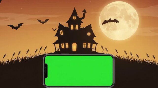 Halloween haunted house scene with a green screen smartphone frame for creative content.