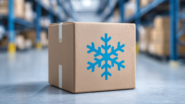 A cardboard box marked with a snowflake in a warehouse represents cold chain shipping and temperature controlled logistics.
