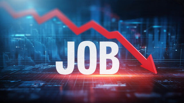 The word JOB beneath a falling market arrow represents employment decline and rising unemployment during an economic downturn.
