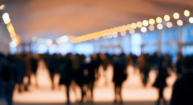 Arte abstracto de una feria profesional animada con multitud en movimiento e iluminaci&oacute;n c&aacute;lida	