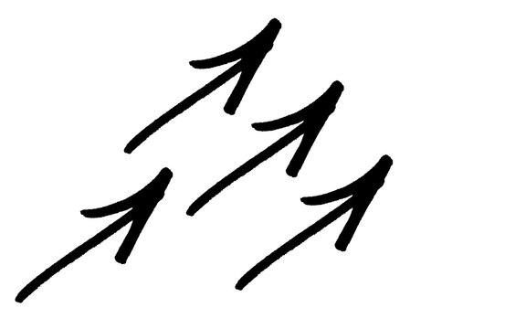 Group of four bold black brush stroke arrows pointing up and right, hand painted grunge diagonal growth symbols with rough dry brush texture and open arrowheads isolated on white background for design