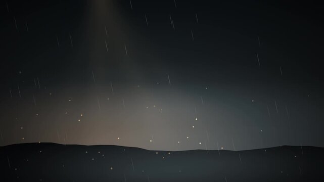 Golden light rays breaking through dark rainy sky over silhouetted field at dawn, rising embers and drifting mist, cinematic seamless loop 4K