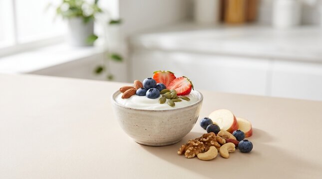 Healthy snack with creamy yogurt, fresh fruit and berries, a nutritious option for a balanced diet and healthy everyday lifestyle.
