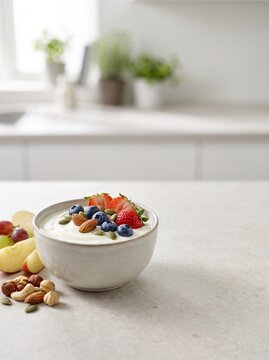 Healthy snack with creamy yogurt, fresh fruit and berries, a nutritious option for a balanced diet and healthy everyday lifestyle.