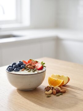 Healthy snack with creamy yogurt, fresh fruit and berries, a nutritious option for a balanced diet and healthy everyday lifestyle.