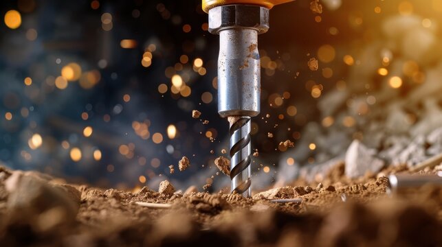 Close-Up View of a Powerful Drill Bit Penetrating Earth with Flying Dust and Particles in Motion