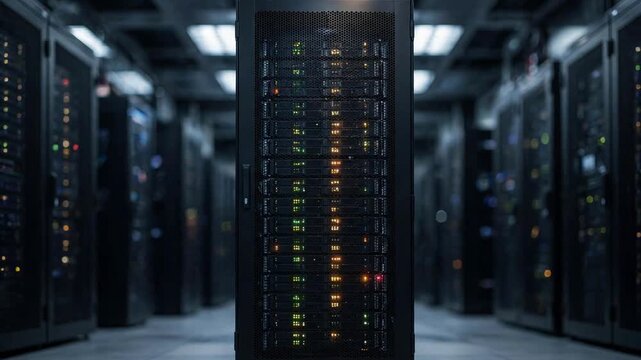 Modern AI server rack with LED indicators in data center, artificial intelligence infrastructure