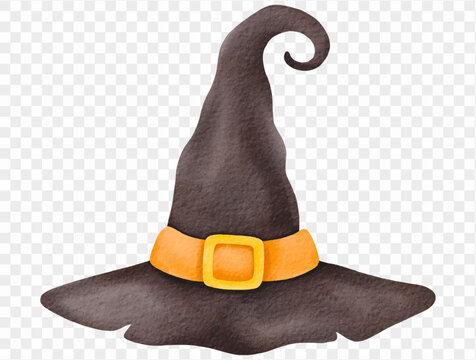 Curled dark brown witch hat with orange band and golden buckle, whimsical pointed hat for Halloween costumes and spooky fantasy watercolor illustration Vector.