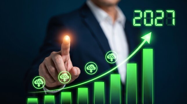 Businessman touching growing digital graph showing future carbon emission goals