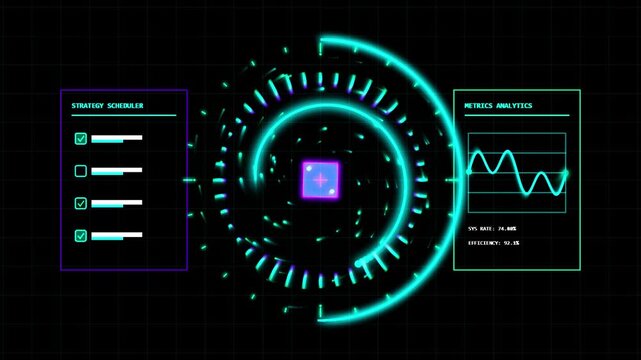 Abstract digital data flow animation with glowing neon circles and futuristic HUD elements
