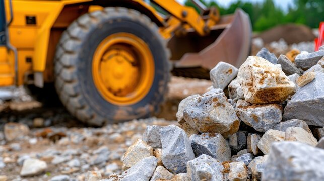Heavy machinery and construction materials on a building site with focused gravel and rocks in foreground and loader in background
