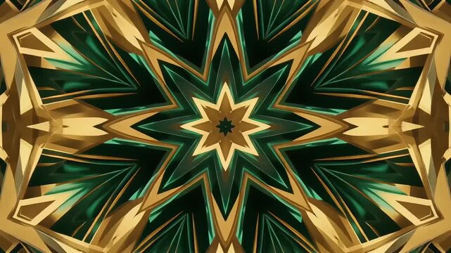 Golden geometric star patterns shifting in a mesmerizing symmetric kaleidoscope loop with emerald green accents 4K Generative AI