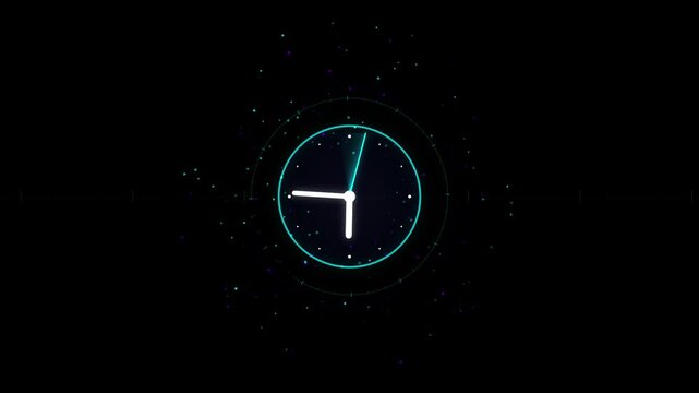 Abstract digital clock faces with moving hands on dark background representing time passing concept