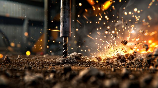 Close-up of a Power Drill Penetrating Soil Creating Sparks and Dust in an Industrial Setting
