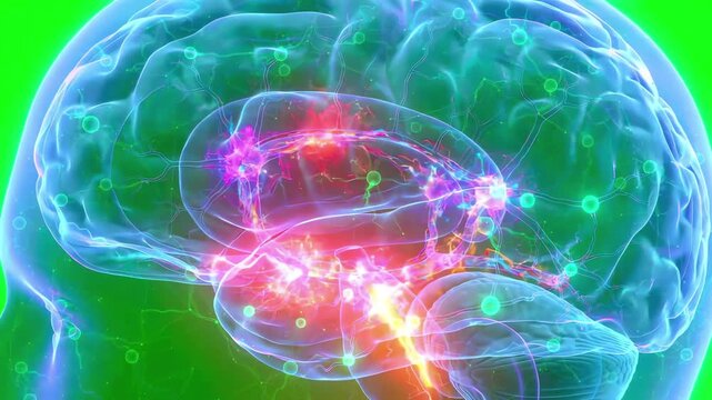 Close up shot of glowing neural networks and electrical impulses firing inside an anatomical brain silhouette on green screen