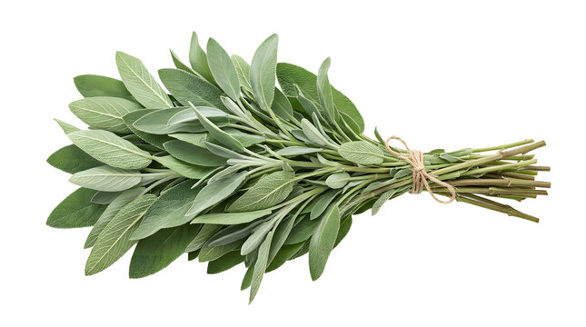 Fresh green sage herb bunch tied with string isolated background.