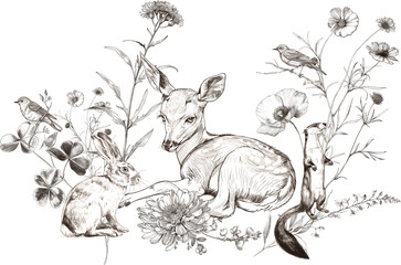 Obraz na płótnie Canvas Enchanting Woodland Scene with Deer, Rabbit, Weasel, and Birds in Vintage Line Art