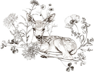 Naklejka premium Resting Woodland Fawn Deer Surrounded by Engraved Vintage Flowers