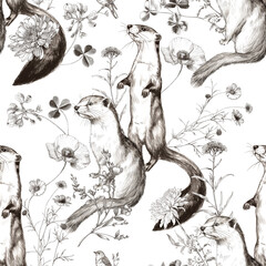 Naklejka premium Vintage Botanical Pattern with Engraved Weasels and Wildflowers on Black Background