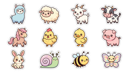 Fototapeta premium Collection of cute cartoon farm animals and insects in a simple illustration style.