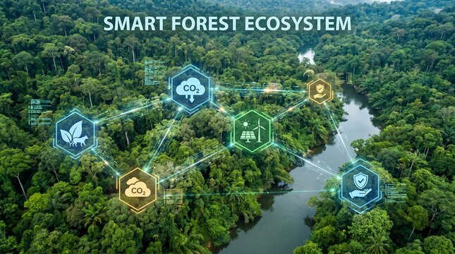 Aerial view of tropical rainforest with smart forest ecosystem digital HUD icons.