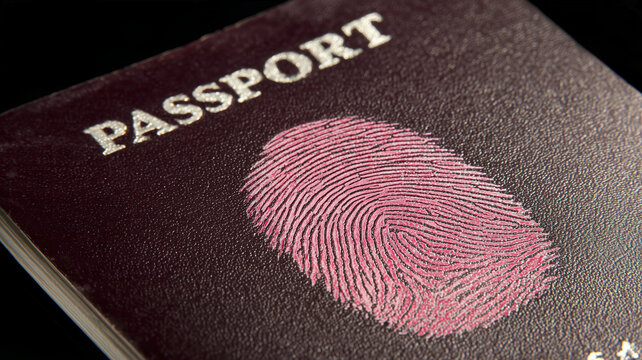 A passport with a fingerprint symbol represents biometric identity verification and secure international travel documentation.
