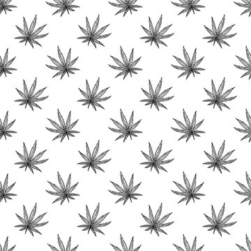 Seamless pattern with hand drawn cannabis leaf Medicine marijuana Hemp leaves For decorative print, wrapping paper, fabric, packaging, background