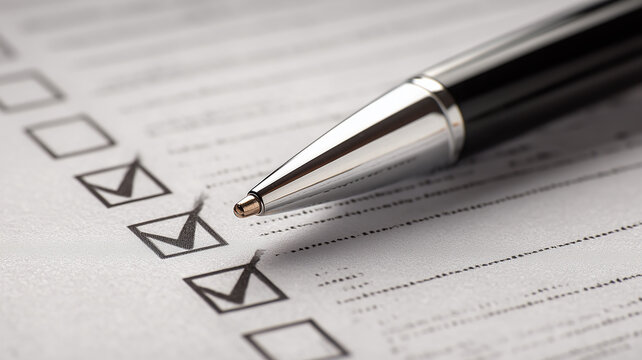 A ballpoint pen beside checked boxes on a paper form illustrates checklist completion and the verification of business tasks.
