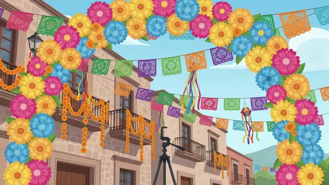 Day of the Dead decorated street with vibrant floral arch and papel picado animated background
