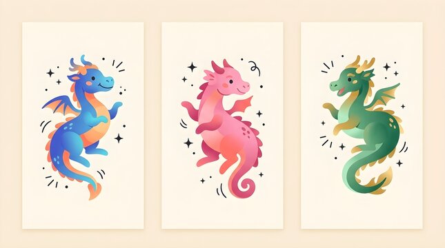Cute little colorful dragons illustrated in a playful cartoon style featuring vibrant blue pink and green mythical creatures surrounded by magical stars and decorative lines