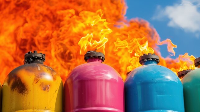 Colorful Gas Cylinders with Flames Against Vibrant Sky, Safety and Hazard Imagery for Energy Industry and Environmental Awareness