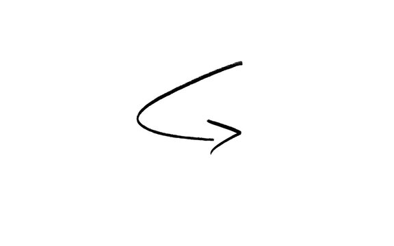 Hand drawn curved arrow pointing right, single black ink sketch line doodle isolated on white background, simple minimalist direction pointer symbol for infographic, presentation and planner design