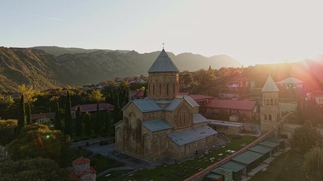 Sacred Samtavro Monastery in Mtskheta, Georgia, Glowing in the Warm Light of Sunset