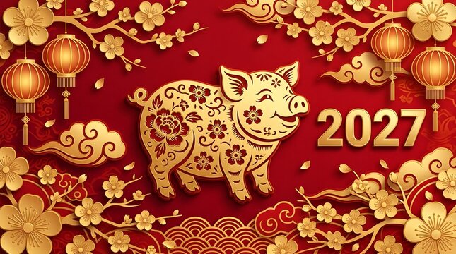 Golden pig paper cut design representing year twenty twenty seven featuring traditional lunar new year decorations with cherry blossoms and bright red lanterns hanging down