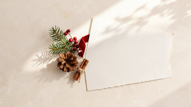 Premium Christmas Flat Lay with Large Blank Cream Greeting Card, Natural Pine Cone, Green Spruce Needles, Red Berries and Dramatic Golden Hour Window Shadows