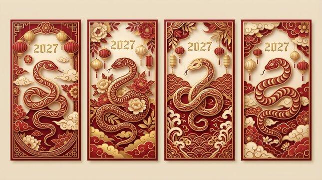 Four vertical banners featuring year two thousand twenty seven lunar new year celebration with ornate decorative snake symbols and traditional lanterns in red gold colors