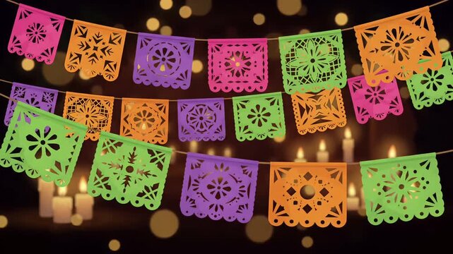 Papel Picado Bunting Garland with Candlelight Bokeh Background Festive Loop
