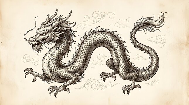 Traditional Asian dragon depicted with detailed scales flowing whiskers sharp horns curved claws and graceful serpentine body design against a vintage textured background paper illustration