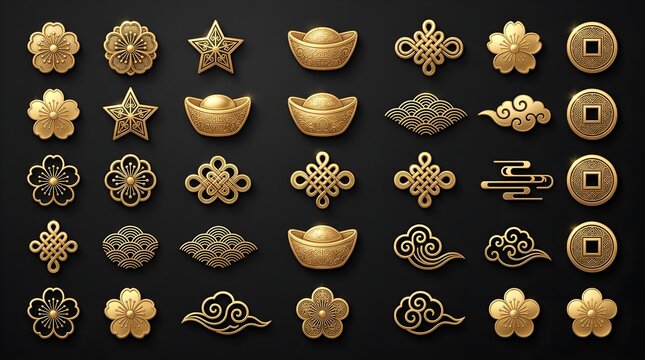 Elegant gold Chinese lunar new year vector icons collection featuring traditional plum blossom flowers ingots coins knots and clouds isolated on a dark background
