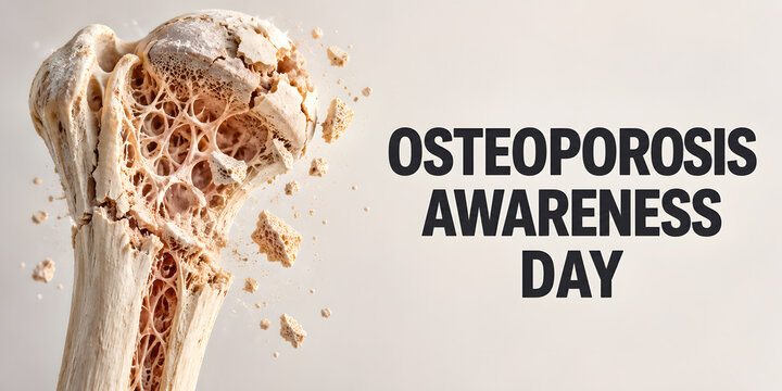 Osteoporosis Awareness Day with fragile bone cutaway. Crumbling humeral head by bold lettering on pale background. Campaign layout with porous trabeculae for skeletal density and bone loss education.