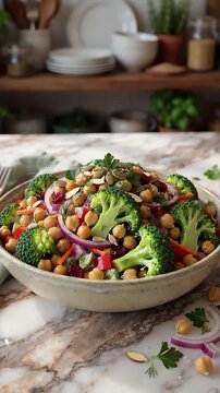 Smooth camera rotation around a vibrant green broccoli salad with chickpeas and red onions on a marble surface