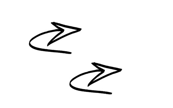 Two black hand drawn curved open head arrows with looping tails, brush stroke swirl arrow pair pointing right, ink sketch doodle vector illustration isolated on white background, direction signs