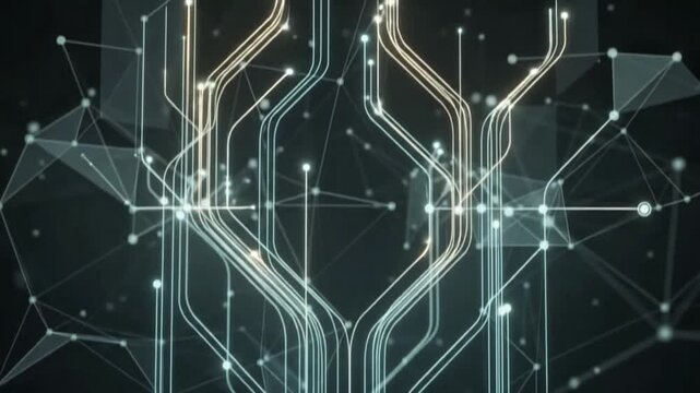 Abstract technology glowing lines and circuit board data flow animation with plexus network background.