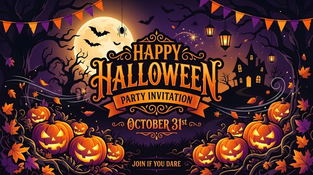 Happy Halloween party invitation with pumpkins and spooky decorations for October 31st event