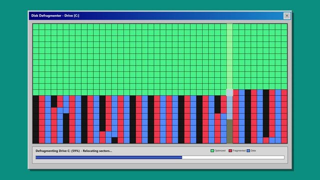 Retro 90s Computer Disk Defragmenter Process Animation on Desktop Screen