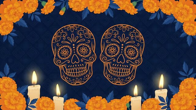 Dia de los Muertos Twin Sugar Skulls Floral Frame Animation with Candles Loop
